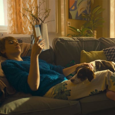 Woman reading a book in a sofa with a dog